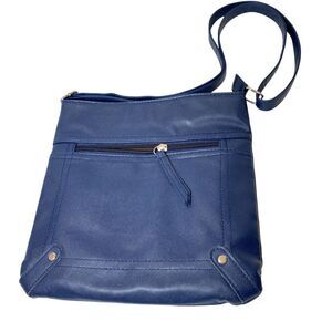 Leather Navy Blue Crossbody Purse Bag Silver Hardware 10” x 10” NWOT